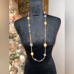Premier Designs Long 44” Boho Necklace – Silver Textured & Wood Beads, Earth